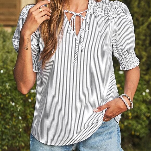 Women's V-Neck Puff Sleeve Blouse Casual Dressy Tunic Top Striped - Picture 3 of 6